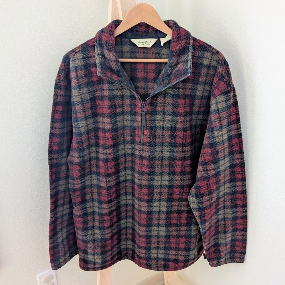 Vintage Eddie Bauer Plaid Collared Quarter-Zip Pullover Fleece Jacket In Red/Tan - Picture 3 of 8
